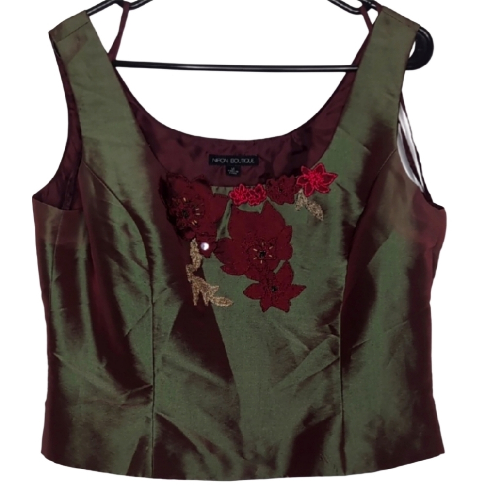 Vintage Nipon Boutique Women's Sz 14 Green Burgundy Shift Fitted Crop Floral Top